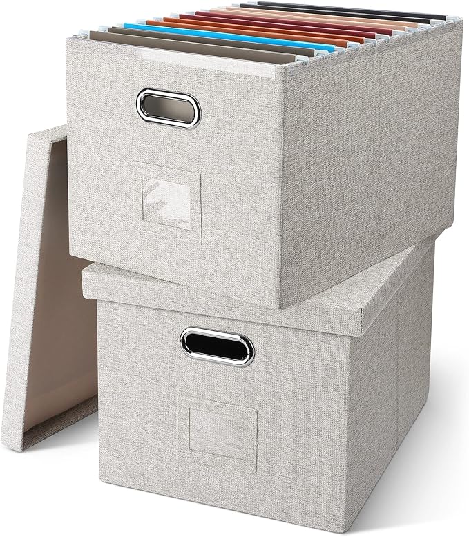 Graciadeco File Organizer Box, Collapsible Storage Filling Collectior with Lid for Letter Legal Size Hanging Folders Decorative Linen File Folder Box Document Storage Filing Bin, Beige 2 Pack