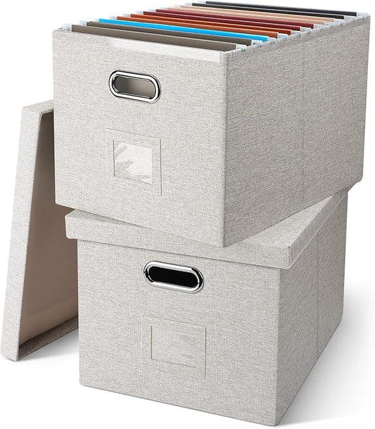 Graciadeco File Organizer Box, Collapsible Storage Filling Collectior with Lid for Letter Legal Size Hanging Folders Decorative Linen File Folder Box Document Storage Filing Bin, Beige 2 Pack