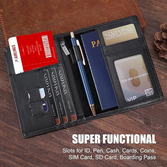STAR VISTA Phoenix Leather Passport Holder, Slim Bifold Travel Wallet -RFID Blocking, Coin Pocket, Card Slots, SIM Slots (Black)