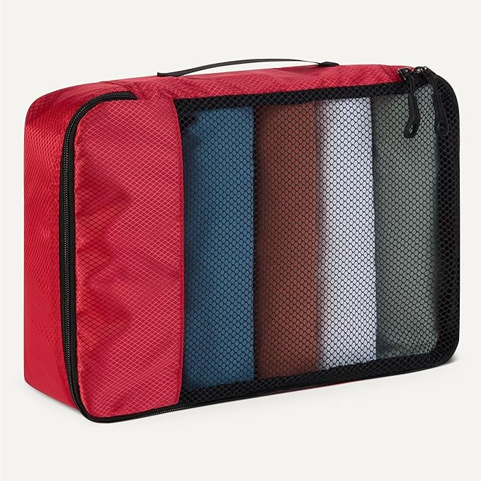 Amazon Essentials 4-Piece Packing Cubes Travel Accessories Set, Luggage Organizer with Double Zipper, Mesh Top, Space-Saving, Medium, Red (Previously Amazon Basics)