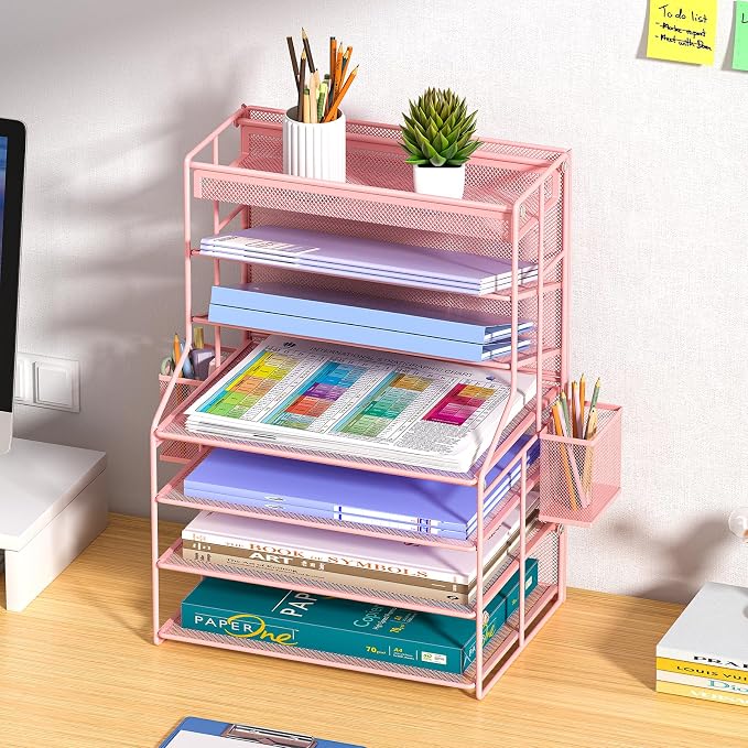 Pink 7 Tier Desk File Organizer, Metal Letter Tray Paper Organizer with Pull-Out Drawer, Removable Pen Holder & Hanging Basket, Vertical Desktop File Holder for Home Office, Classroom