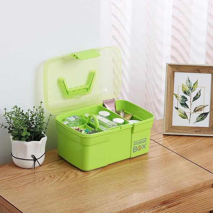 Kinsorcai 11'' Plastic Storage Box with Removable Tray, Multipurpose Organizer and Storage Case for Art Craft and Cosmetic (Green)