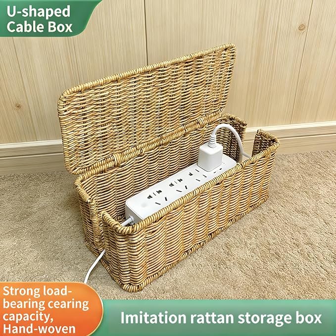 Rattan Woven Cable Management Box, 12.4"x5.1"x5.1" Farmhouse Style Power Strip Organizer, TV Stand Desk Cord Storage Box, Desktop Wire Organizer, PP and Iron Frame, Natural Color (Light)