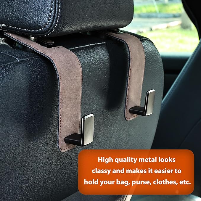 Car Seat Back Hook Metal with Suede Universal Vehicle Headrest Hangers Interior Storage Organizer for Purse Handbag Coat Grocery Bags 2 Pack Coffee
