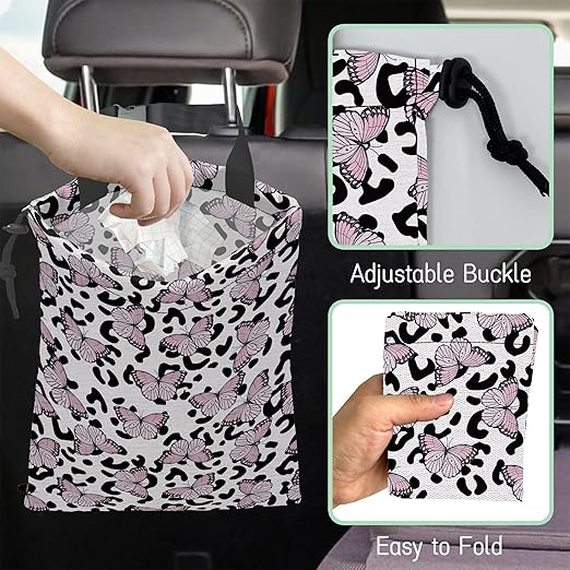 Butterfly Car Garbage Bag,Leopard Waterproof Small Car Trash Bag Hanging Back of Seat,Drawstring Hanging Car Trash Bag with Adjustable Buckle for Car Accessories