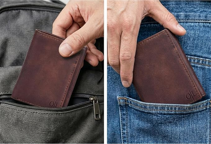 Tri fold Leather Wallet for Men with RFID | Slim Wallets for Men with 1 ID and 6 Credit card slots | Front Pocket Minimalist