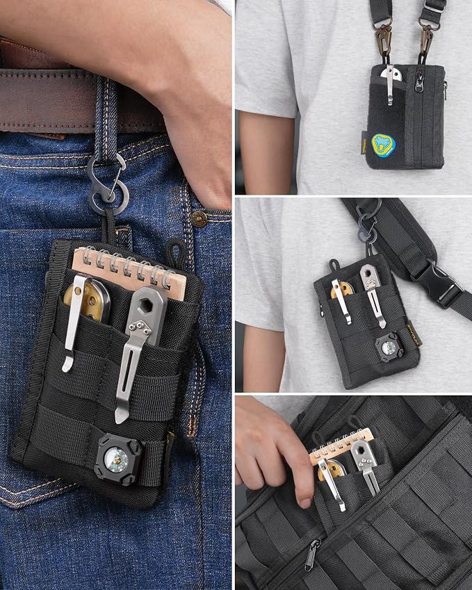VIPERADE VE18-M EDC Pocket Pouch, Slim EDC Organizer with 3 EDC Slots+2 Zipper Pockets, 1 Large Pocket for Notebook or Cellphone, EDC Pouch for Men