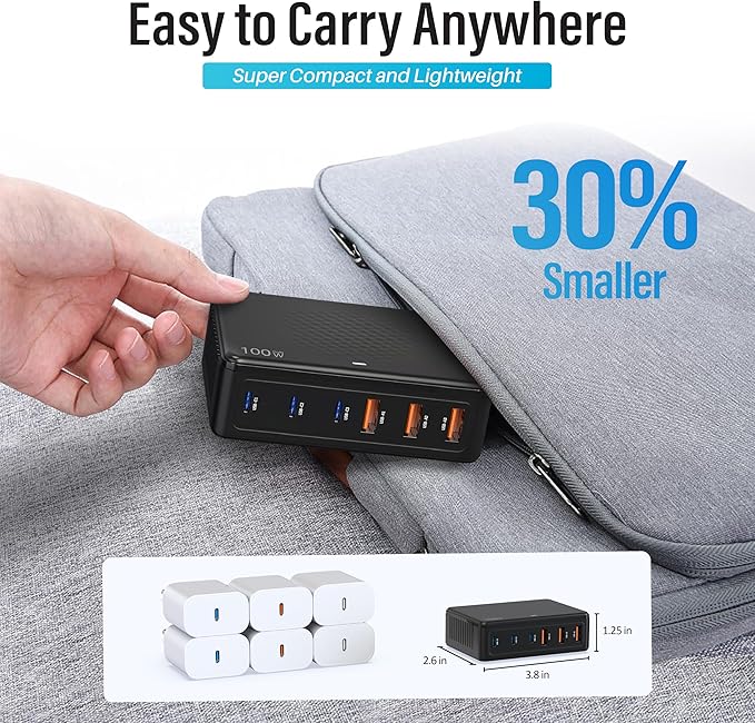 TT&C 100W USB-C Charging Station, 6-Port GaN III Desktop Hub (30W Max Per Port), Compatible with iPhone 17, 16, 15, iPad, MacBook Air & Samsung Galaxy - Black