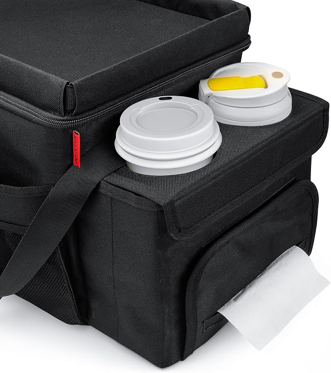 Car Organizer & Cooler – Durable Oxford Fabric Exterior & Waterproof Liner, Portable Car Storage & Insulated Cooler Box with Dividers, Cup Holders & Tissue Pocket – Black [2025 Upgraded]