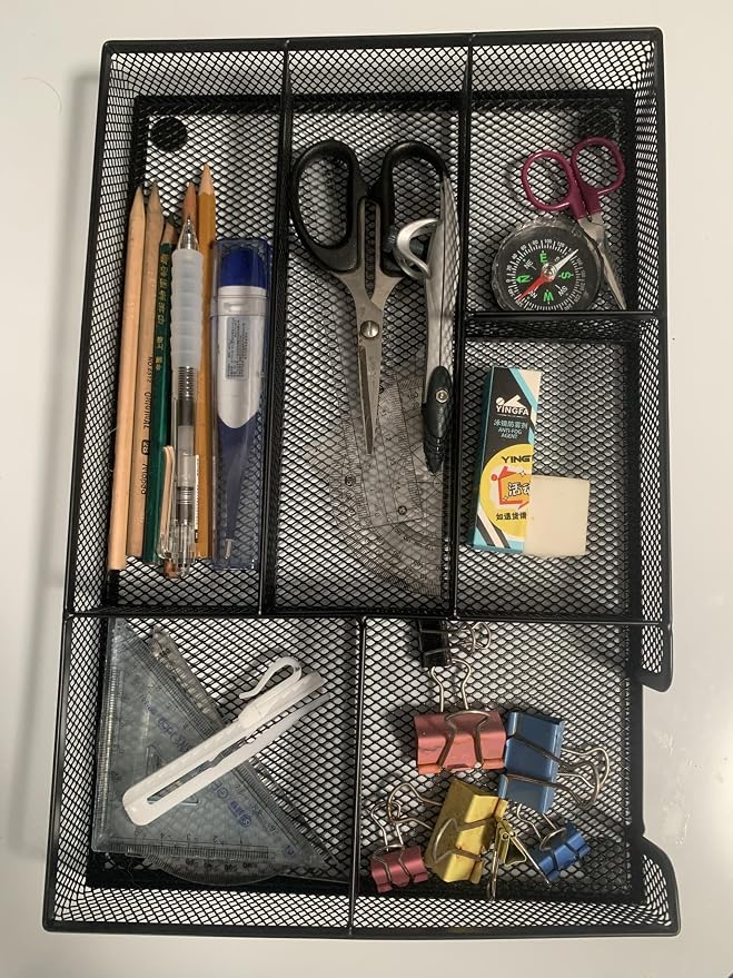 Desk Drawer Organizer tray, Mesh Drawer Organizer Tray for Office, School or Home Supplies Desktop Storage Stationery,bathroom,kitchen, 6 Compartments, 12.6 x 8.27 x 1.57 inch, Black