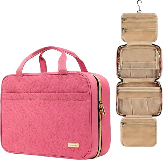 Carrywell Toiletry Travel Bag For Women with Hanging Hook, Makeup Organizer Case, Water-Resistant Cosmetic Bag For Full-size Containers, Toiletries, Pink Large, Not Made In China