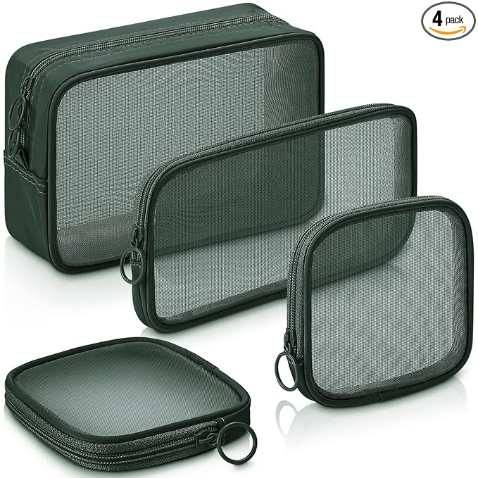 Weewooday 4 Pcs Mesh Makeup Bag Mesh Cosmetic Bag Travel Toiletry Pouch with Zipper Mini Makeup Cosmetic Purse for Daily Accessory(Small, Large, Medium,Olive Green)