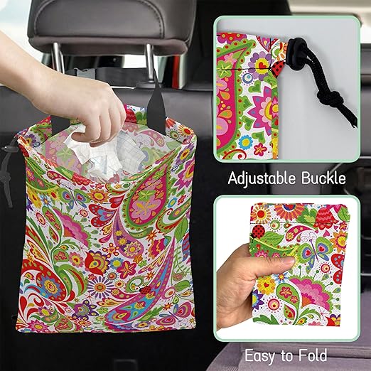 Colorful Paisley Car Garbage Bag,Ethnic Floral Waterproof Small Car Trash Bag Hanging Back of Seat,Drawstring Hanging Car Trash Bag with Adjustable Buckle for Car Accessories