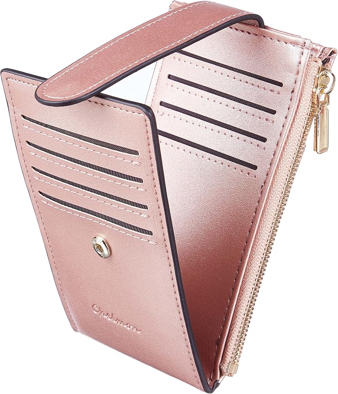 Chelmon Womens Wallet Slim RFID Blocking Bifold Multi Card Case Wallet with Zipper Pocket (Rose Gold CLassic)