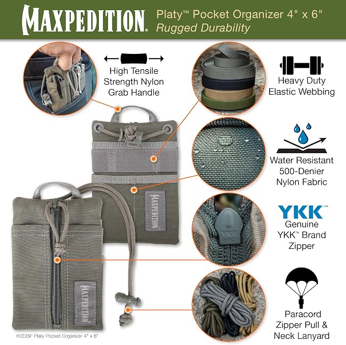 MAXPEDITION Platy Pocket Organizer, Durable EDC Tool Pouch for Men, Neck Wallet with Paracord Lanyard, Holds Flashlight, Multitool, Pen, Notebook