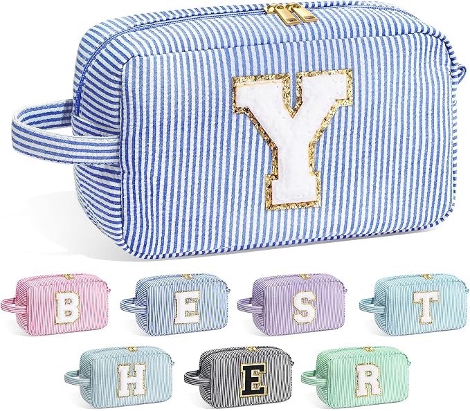 YOOLIFE Initial Makeup Bag for Women - Monogram Cute Makeup Bags Cosmetic Case Toiletry Pouch for Women Her Best Friend Sister Teacher, Personalized Birthday Gifts for Women, Blue Y