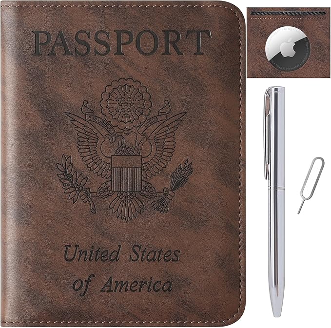 Airtag Passport Holder for Travel Essentials Wallet Rfid Blocking Cover Leather Case Vacation Travel Accessories for Women Men (601#Coffee)