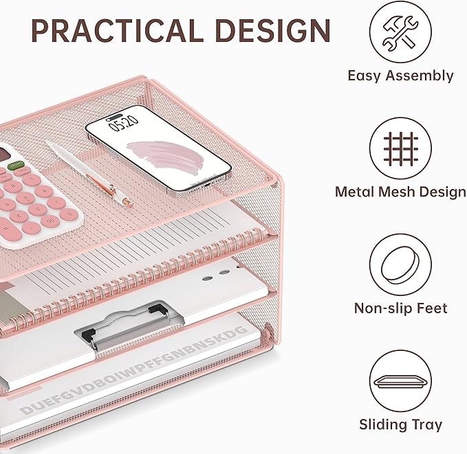 DALTACK 3 Tier Letter Tray Paper Organizer for Desk, Mesh Metal Desk File Organizer with Sliding Trays for Letter/A4 Paper, Mail, Bills & Folders, Pink