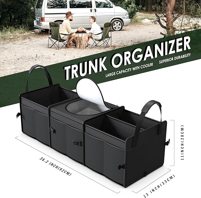 Trunk Organizer, 95L Capacity SUV Trunk Organizer with Cooler, 3 Compartments Heavy Duty Collapsible Car Storage Organizer for Truck, Van