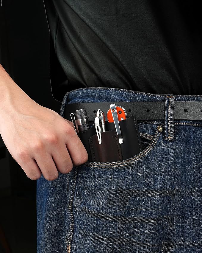 VIPERAED PJ38 Leather Multitool Sheath for Men, 4-in-1 Utility Leather Holster, EDC Pocket Organizer for Pocket Knife Multitool Flashlight and Pen