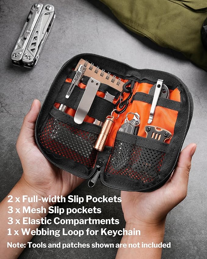 VIPERADE VE10 EDC Pouch Small Pocket Tool Pouch with 10 Compartments, Men's Pocket Organizer for Multitools, EDC Organizer with Patches Area for DIY (Black Gray Camo)