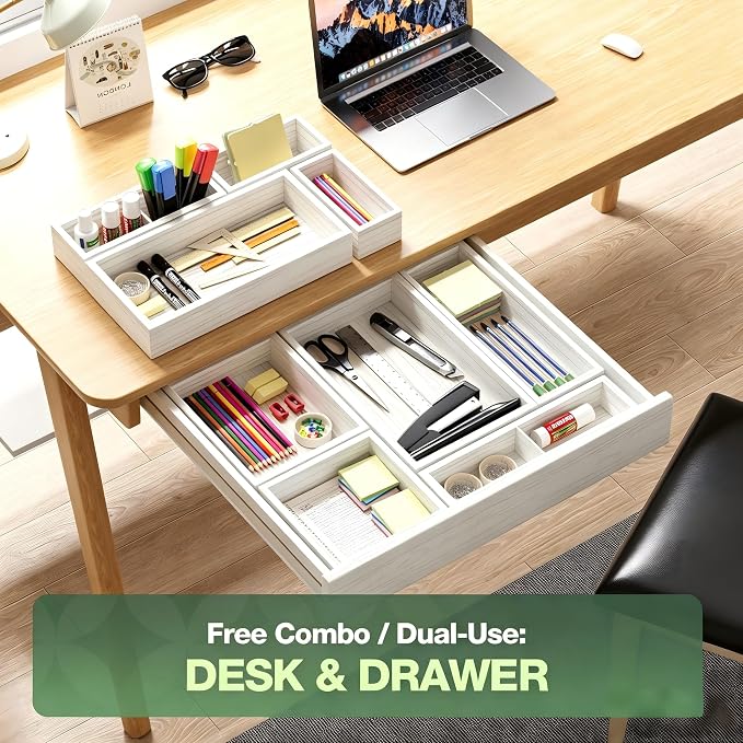9-Pack Solid Wood Junk Drawer Organizer, Modular Desk Drawer Tray & Accessories with Non-Slip Pad, Multi-Use for Kitchen, Office, Bedroom Dresser, Utensil, Makeup, Stationery, Tea Bags & Coffee Pod