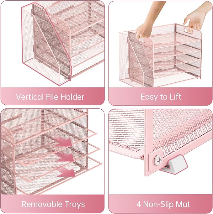 SUPEASY 5-Tier Desk Organizer with File Holder, Desk Organizers and Accessories, Paper Organizer for Desk, Mesh Desktop File Organizer, Workspace Organizers for Office School Home, Pink