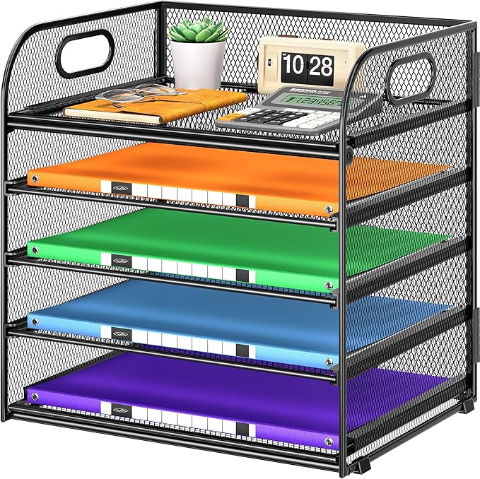 Cawukege 5 Tier Paper Organizer with Handle, Black Metal Mesh Desk Organizer File Folder Paper Letter Tray Desktop Document Sorter for Classroom, School, Office Accessories Organization and Storage