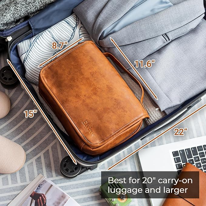 Elviros Hanging Toiletry Bag for Men Travel Essentials 3-in-1 Large Waterproof Dopp Kit PU Leather Shaving Bag with Separate Compartments for Grooming and Toiletries Mens Gift