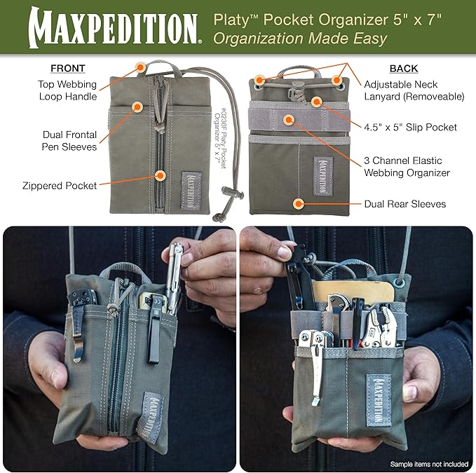MAXPEDITION Platy Pocket Organizer, Durable EDC Tool Pouch for Men, Neck Wallet with Paracord Lanyard, Holds Flashlight, Multitool, Pen, Notebook