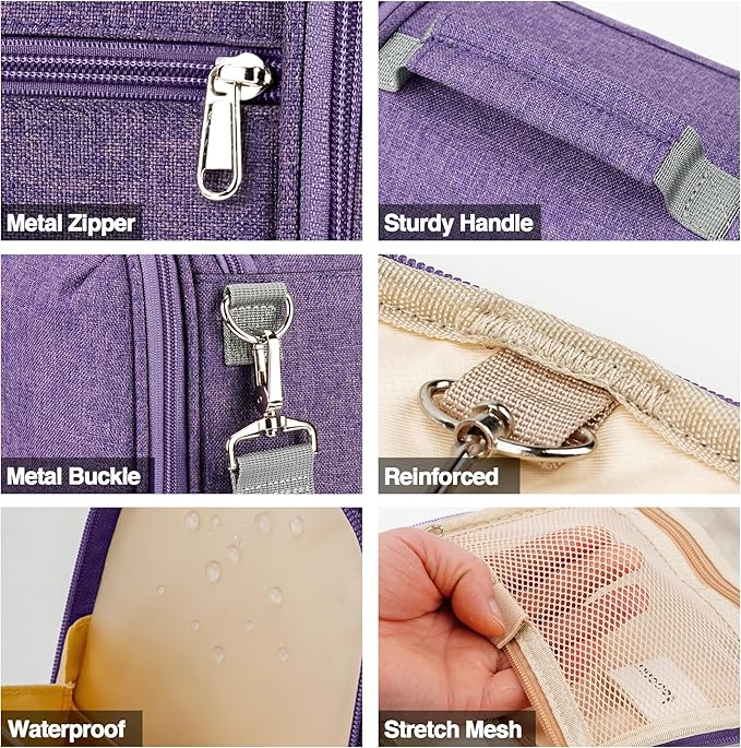 COOSKY Hanging Travel Toiletry Bag for Women and Men, 6 Organizer Compartments, Large Toiletries essentials, Bathroom Cosmetic Accessories, Water-resistant Makeup Bag, Holds Full-Size Shampoo, Purple