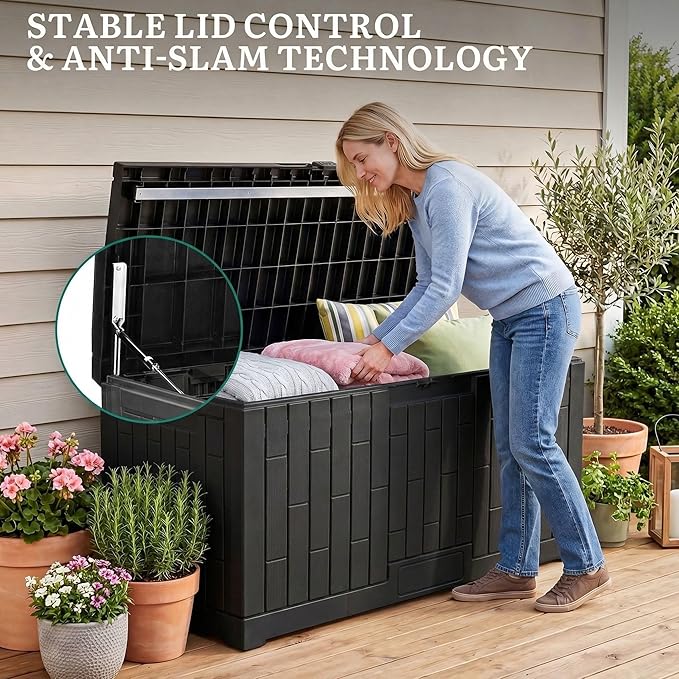 YITAHOME 120 Gallon Outdoor Storage Deck Box, Large Resin Patio Storage Box with Slide-Locking Lid, 53"L 2-Person Bench Seat for Outdoor Pillows, Garden Tools & Pool-Supplies, Waterproof (Black)