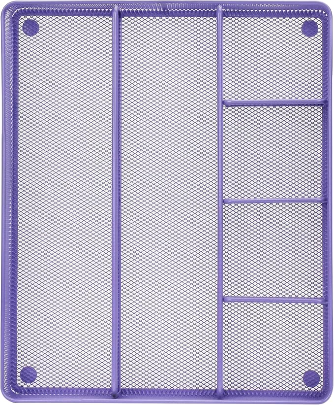 Annova Desk Top Organizer Tray for Office Organization - Metal Mesh - Storage Tray with Dividers for Pens, Desktop Accessories, Bathroom, Kitchen, Makeup and Office Supplies (Large, Purple)