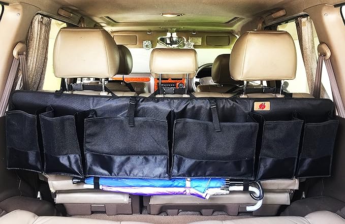 Pf SUVs Rear Trunk Organizer with Umbrella Holder Hanging, X Large - Extra Rigid and Visible, Collapsible Cargo Net, Backseat Storage for Mid-size Crossovers to Mid-size SUVs, Van (51-Inches)