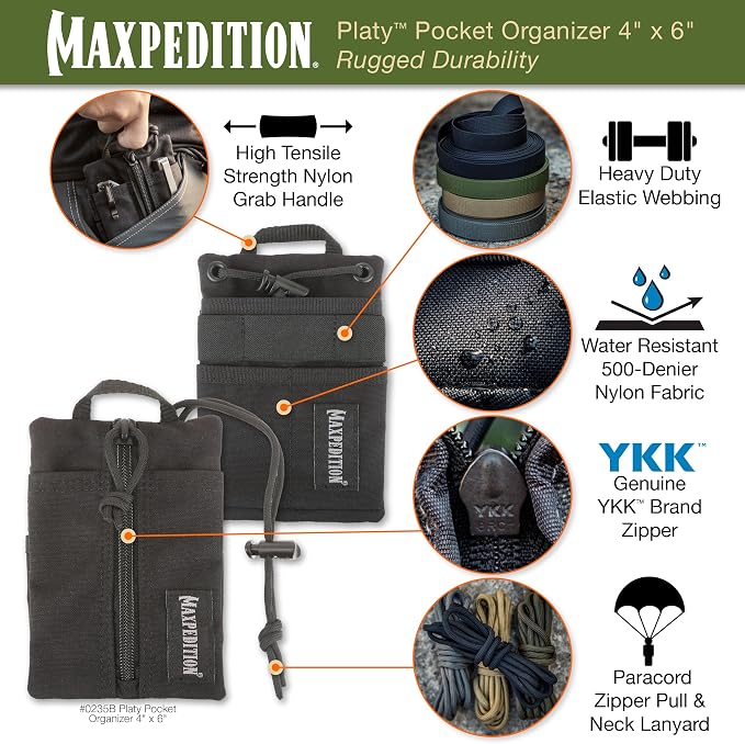 MAXPEDITION Platy Pocket Organizer, Durable EDC Tool Pouch for Men, Neck Wallet with Paracord Lanyard, Holds Flashlight, Multitool, Pen, Notebook