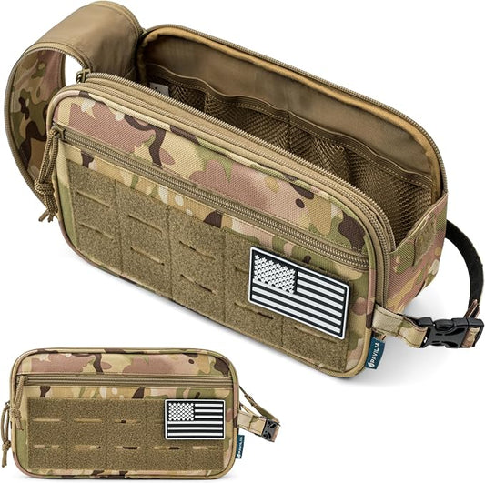 PAVILIA Tactical Toiletry Bag for Men, Water Resistant Molle Military Dopp Kit, Travel Hygiene Organizer with Wet Dry Storage for Shaving, Grooming, Gym and Camping, Camo