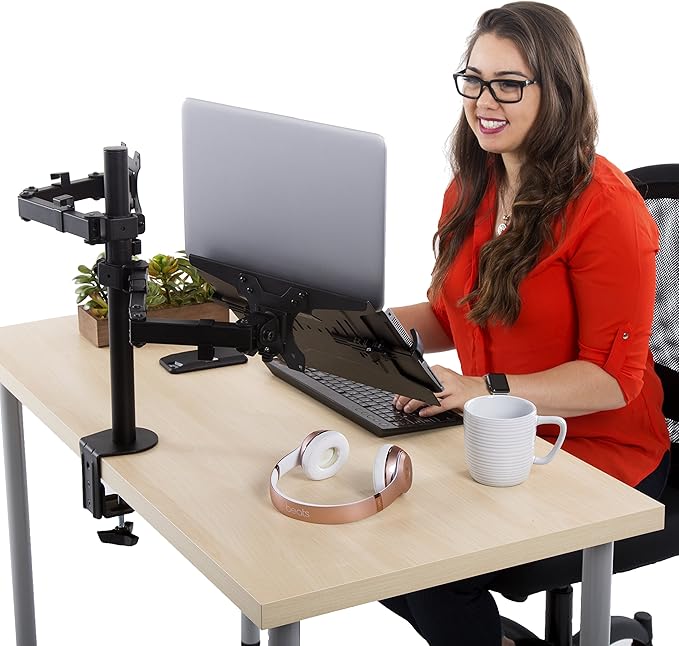Stand Steady Monitor Mount + Laptop Stand | Height Adjustable Monitor and Keyboard Stand with Full Articulation and Desk Clamp Or Grommet | VESA Mount 13-32 inches (Arm + Laptop Clamp)