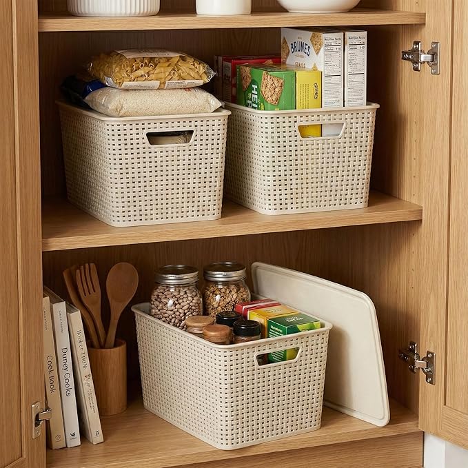 BINO | Plastic Storage Baskets with Lids, 22 Liter - 3 Pack, Natural | THE WOVEN COLLECTION | Storage Basket for Shelves | Woven Storage Baskets for Organizing Bins | Pantry Shelf Organizer Bin