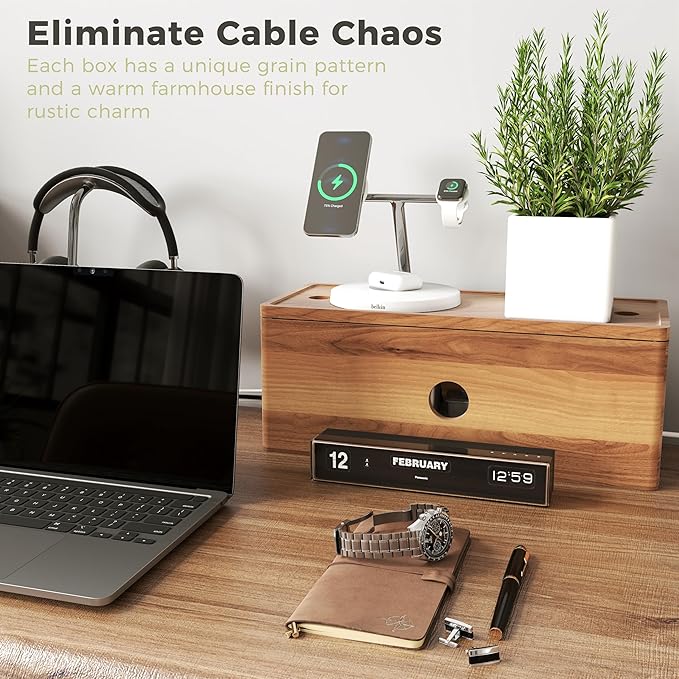 Acacia Wood Cable Management Box for Power Strip, Large Wooden Cord Hider & Cable Organizer for Desk, Floor & TV, Wire Concealer Box for Home Office Cable Storage and Management