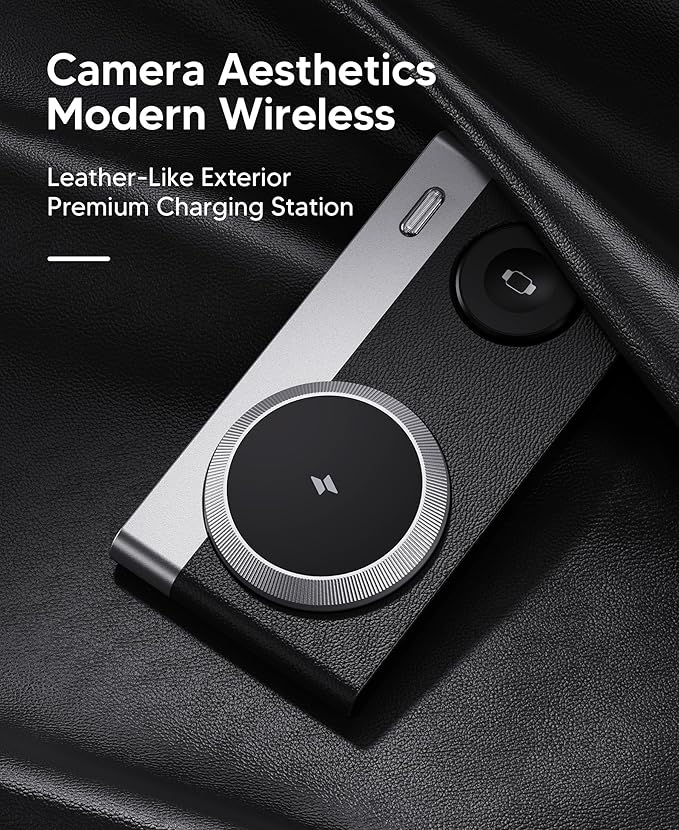 Foldable 3 in 1 Magnetic Wireless Charging Station for Apple Devices, Leather-Like Fast Wireless Charger Dock with Night Light for Magsafe iPhone 17/16/15/14, Apple Watch, AirPod,Gift for Men