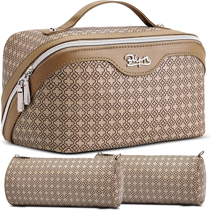 BOYATU Travel Makeup Bag for Women: Four Leaf Clover Large Capacity 3 Pcs Set Cosmetic Bags - Waterproof 50% Extra Space for Toiletry Organizer - Travel Essentials for Fortunate (05 Brown)