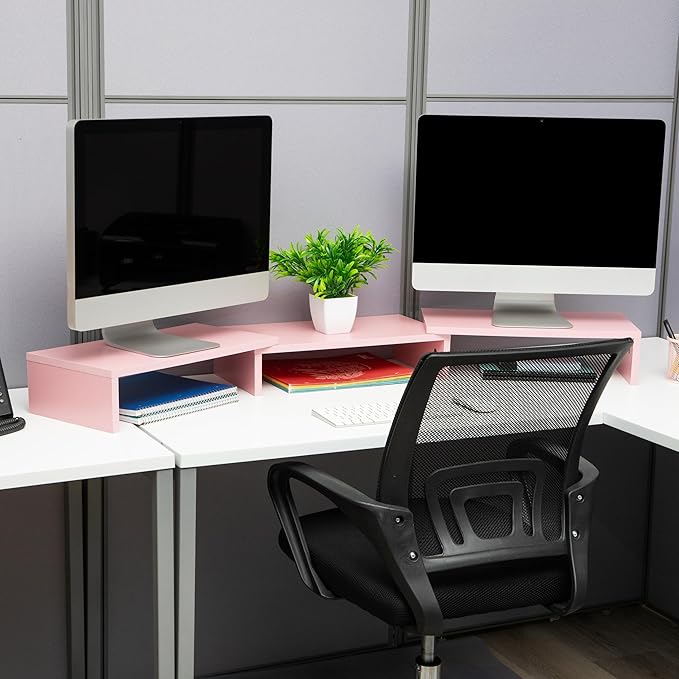 Mind Reader Dual Monitor Stand, Desktop Organizer, Laptop Riser, Office, MDF, 51.25"L x 9.25"W x 4.75"H, Pink