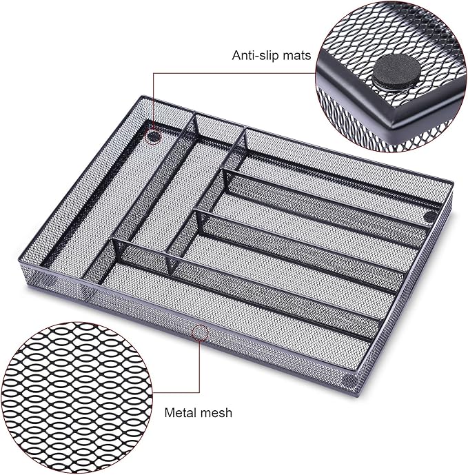 WuGeShop Desk Drawer Organizer with 6 Compartments, Mesh Drawer Organizer Tray for Stationery, Office Supplies Desktop Storage, Black