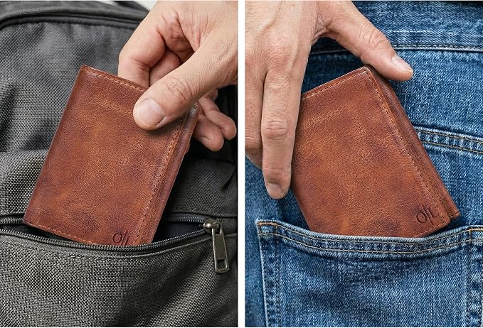 Tri fold Leather Wallet for Men with RFID | Slim Wallets for Men with 1 ID and 6 Credit card slots | Front Pocket Minimalist