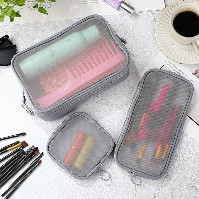 Weewooday 4 Pcs Mesh Makeup Bag Mesh Cosmetic Bag Travel Toiletry Pouch with Zipper Mini Makeup Cosmetic Purse for Daily Accessory(Variety Pack,Gray)