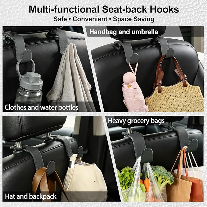 Amooca Car Seat Headrest Hook, Universal Vehicle Storage Hanger, Leather with Metal Car Seat Back Organizer for Handbag, Purse, Coat, Ergonomic Design, Gray 2 Pack