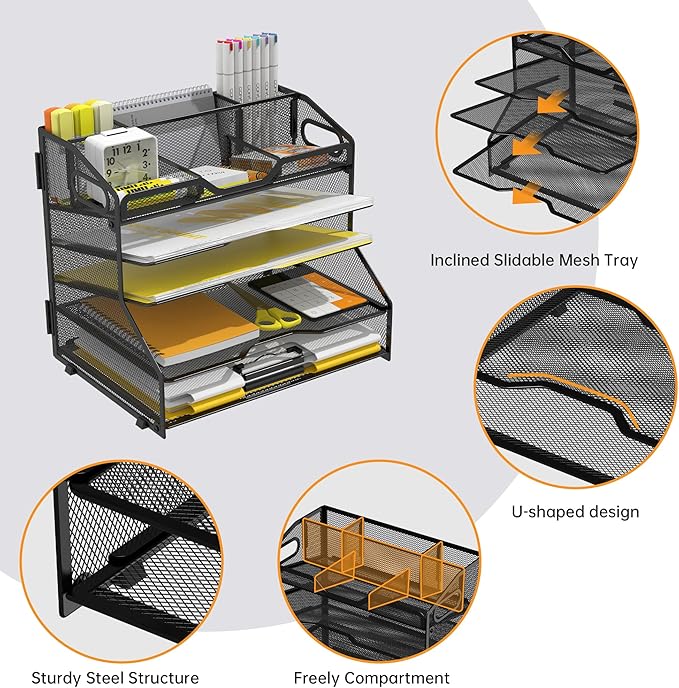 YINGHUA 5 Tier Paper Tray Letter Organizer with Top 6 Adjustable Compartments - Paper Sorter Office Desktop Accessories with Handles for Document,Mail,School Supplies Storage,Black