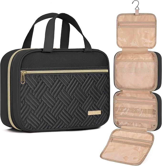 Travel Toiletry Bag for Women & Men Water Resistant Makeup Bag with Hanging Hook Portable Travel Organizer for Travel Accessories, Travel-Sized Shampoo, Toiletries (Large-Black)