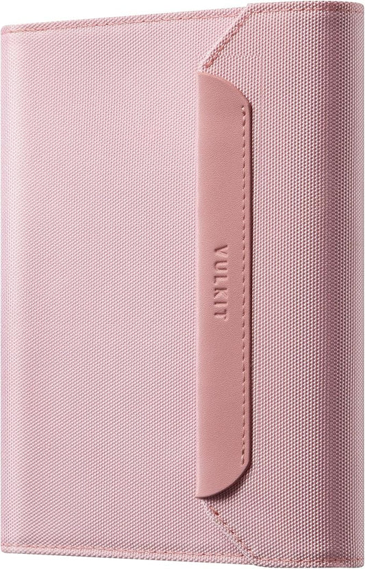 VULKIT RFID Blocking Leather Passport & Card Holder, Dual Person Travel Passport Wallet with Secure Magnetic Closure, Pink