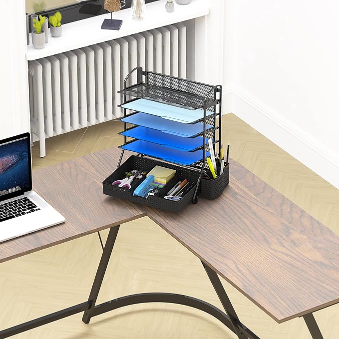 Simple Houseware 6-Tier Desk Document File Tray Organizer with Supplies Sliding Drawer, Black